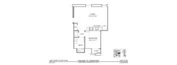 A floor plan for a 677 S.F. apartment unit at Carriage Co. Apartments.