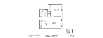 A floor plan for a 679 S.F. apartment unit at Carriage Co. Apartments.