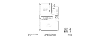 A floor plan for a 685 S.F. apartment unit with a bedroom, bath, laundry, and kitchen.