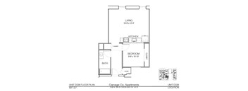 A floor plan for a 697 S.F. apartment unit with a living area, kitchen, laundry, bedroom, and bath.