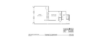A floor plan for a 707 S.F. apartment with a living room, bedroom, bathroom, kitchen, and laundry room.