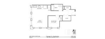 A floor plan for a 729 S.F. apartment at Carriage Co. Apartments.