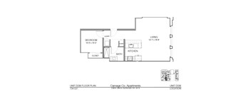 A floor plan of an apartment with a bedroom, bathroom, kitchen, and living room.
