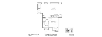 A floor plan for a 739 S.F. apartment unit at Carriage Co. Apartments.