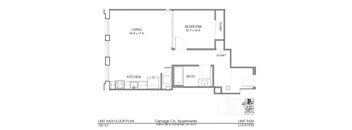 A floor plan for a 742 square foot apartment at Carriage Co. Apartments.