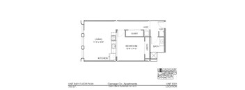 A floor plan for a 750 square feet apartment with a living room, bedroom, kitchen, and bathroom.