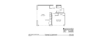 A floor plan for a 752 S.F. apartment unit at Carriage Co. Apartments.