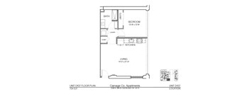 A floor plan for a 754 square foot apartment at Carriage Co. Apartments.