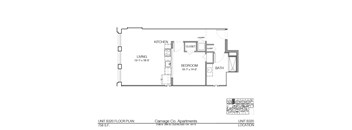 A floor plan of a 758 S.F. apartment unit from Carriage Co. Apartments.