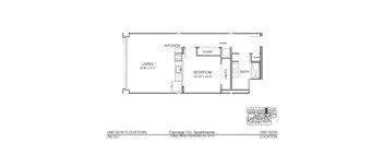 A floor plan for a 760 square feet apartment with a living room, kitchen, bathroom, and bedroom.