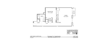 A floor plan for a 772 S.F. apartment at Carriage Co. Apartments.