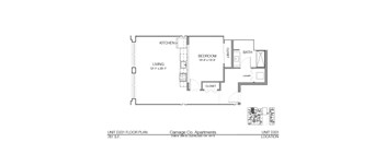 A floor plan of an apartment with a living room, kitchen, bathroom, and bedroom.
