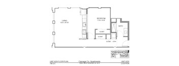 A floor plan for a 13-by-19-inch living space with a kitchen, bathroom, and closet.
