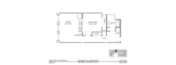 A floor plan for a 808 S.F. apartment at Carriage Co. Apartments.