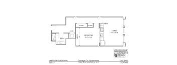 A floor plan of an apartment with a living room, kitchen, bedroom and bathroom.