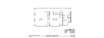 A floor plan for a living space, kitchen, and bathroom.