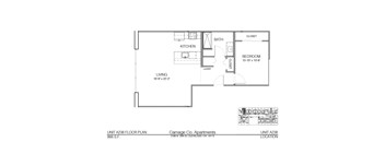 A floor plan for a 1 bedroom apartment at Carriage Co. Apartments.