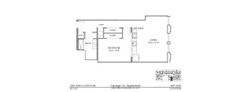 A floor plan of an apartment unit with a living room, bedroom, bathroom, and kitchen.