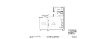 A floor plan of an apartment unit with a bedroom, living room, kitchen, and bathroom.