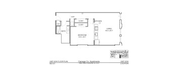 A floor plan for a 923 S.F. apartment unit at Carriage Co. Apartments.