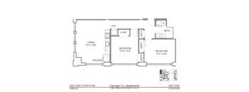 A floor plan of an apartment with a living room, two bedrooms, a bathroom, a kitchen, and two closets.
