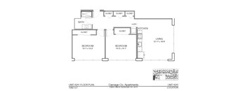 A floor plan of an apartment layout for Carriage Co. Apartments.