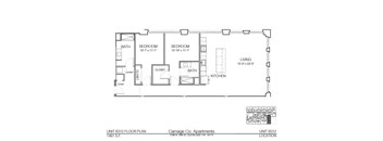 A floor plan of an apartment with a living area, two bedrooms, a bathroom, a kitchen, and a laundry closet.