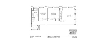 A floor plan for a 990 S.F. apartment unit at Carriage Co. Apartments.