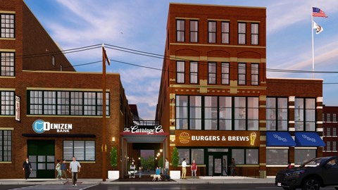 A Denizen Bank branch is located in a building with a Burger's and Brews restaurant.