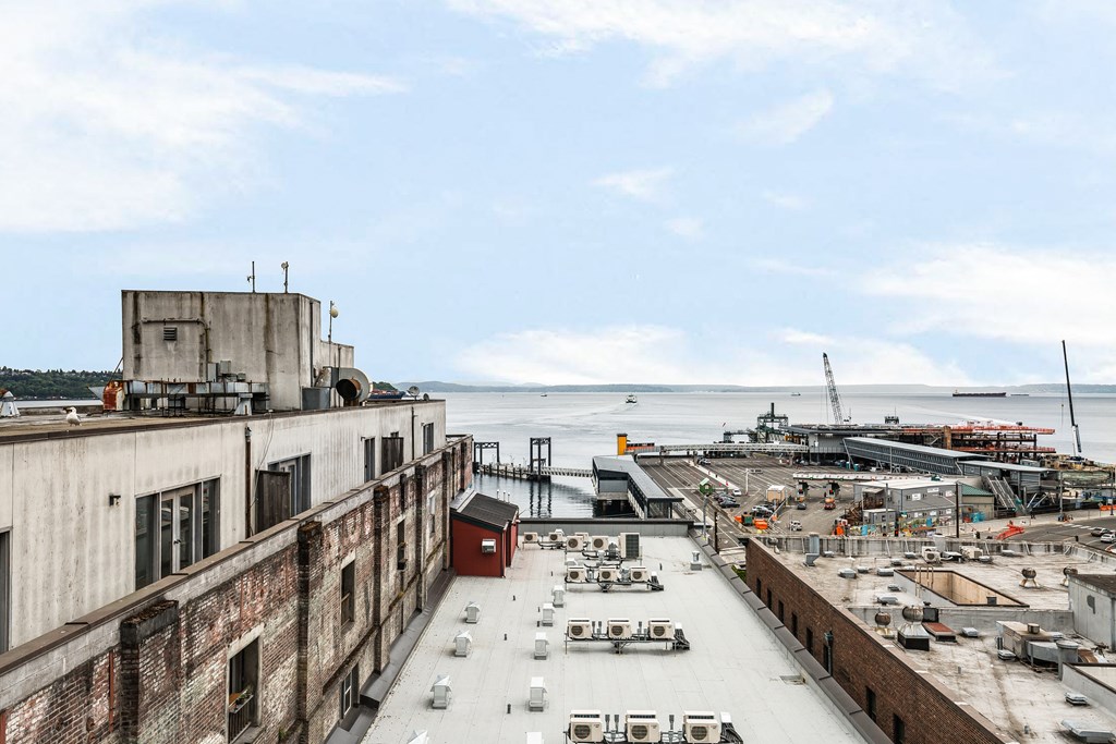 the view of the harbor from the roof of a building