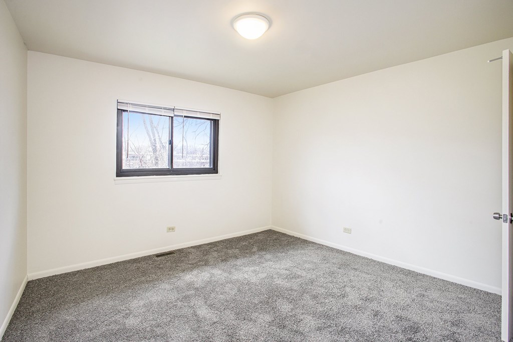 A room with a carpeted floor and a window.