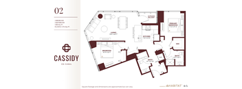 floor plan of the first level of a bedroom apartmentat Cassidy on Canal, Chicago, IL