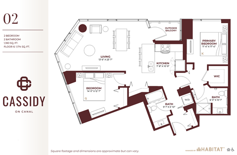 floor plan of the first level of a bedroom apartmentat Cassidy on Canal, Chicago, IL