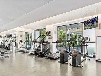 two treadmills and ellipticals in a gym with glass doors at One 333, Chicago, IL, 60605