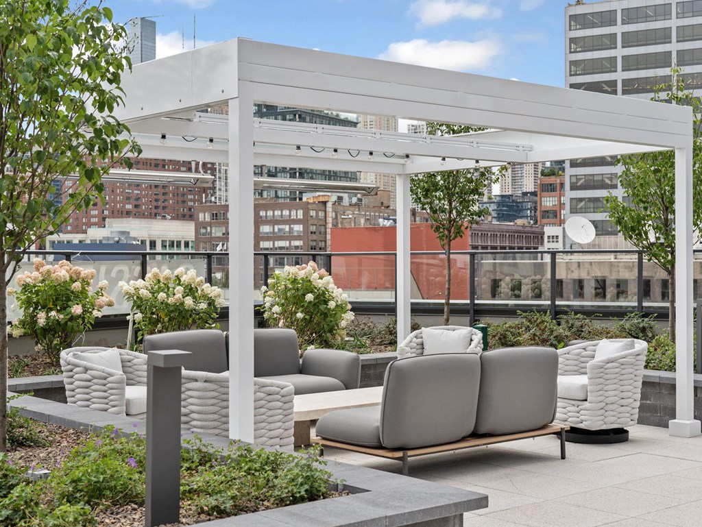 a roof top lounge area with couches and chairs and a view of the city at Cassidy on Canal, Chicago, IL, 60654