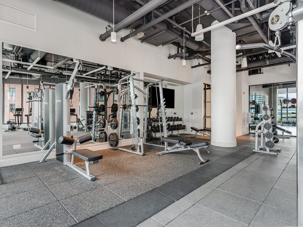 a fitness center with weights machines and other gym equipment  at Cassidy on Canal, Chicago