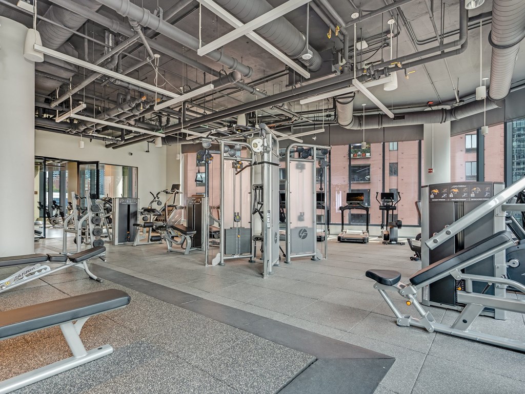 a gym with weights and other exercise equipment in a building  at Cassidy on Canal, Illinois, 60606