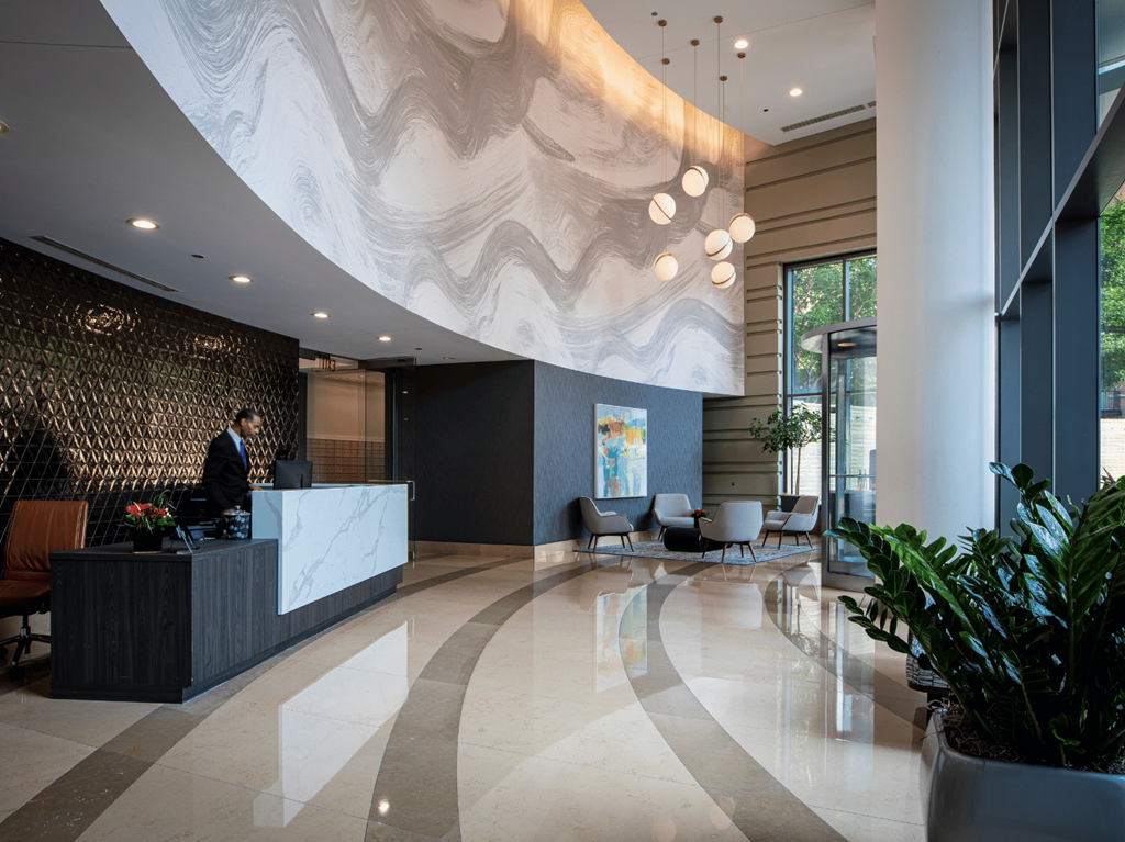Updated lobby and reception area at Kingsbury Plaza, Illinois, 60654