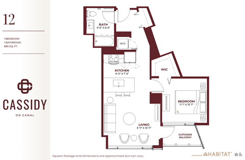 a floor plan of a bedroom apartmentat Cassidy on Canal, Chicago, IL, 60654