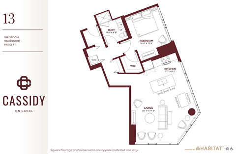1 Bed 1 Bath Floor Planat Cassidy on Canal, Chicago, IL, 60654