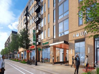 a rendering of a building on a city street