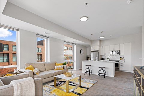 A modern living room with a grey sofa and a yellow rug.