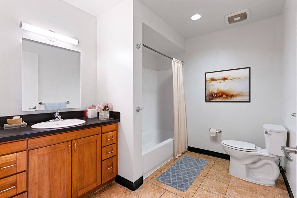 a bathroom with a shower toilet and sink and a mirror