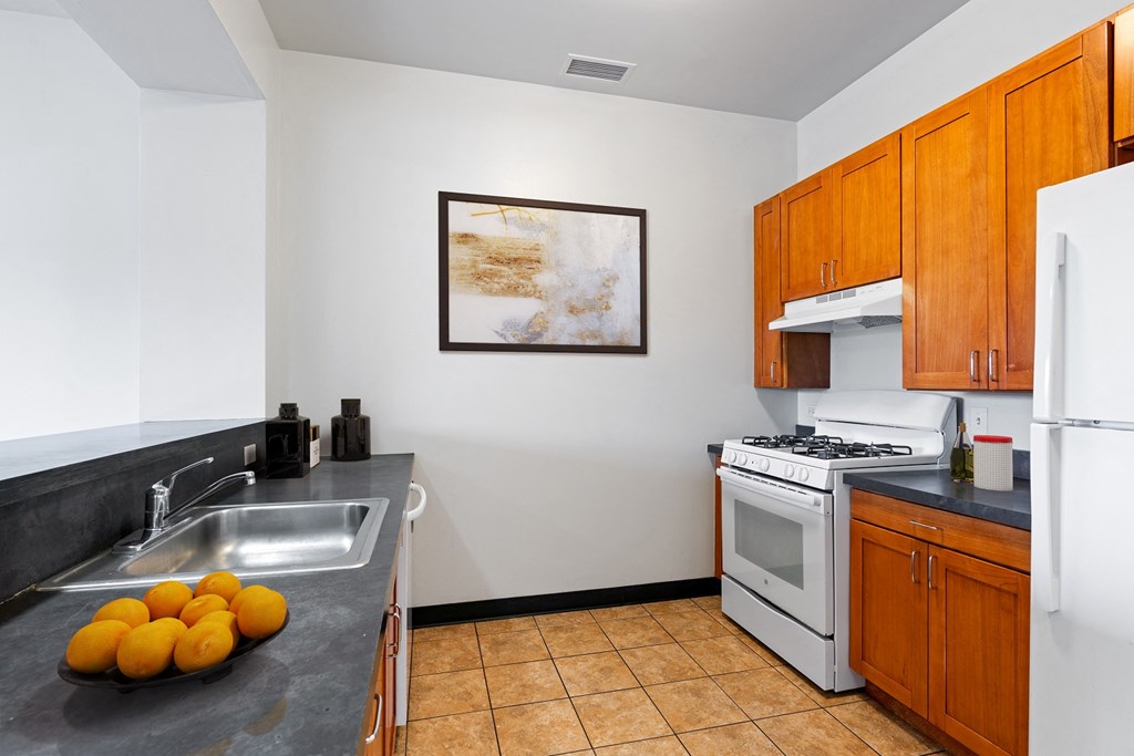 a kitchen with a sink and a stove and a refrigerator