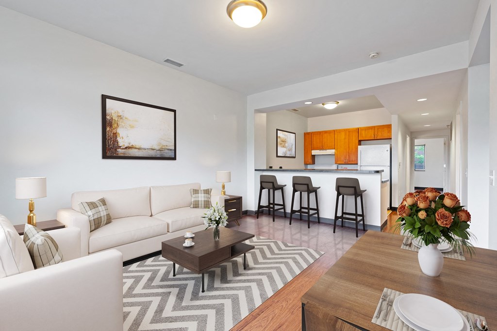 a living room with a couch and a table