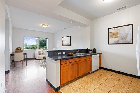 a large kitchen with a sink and a counter top