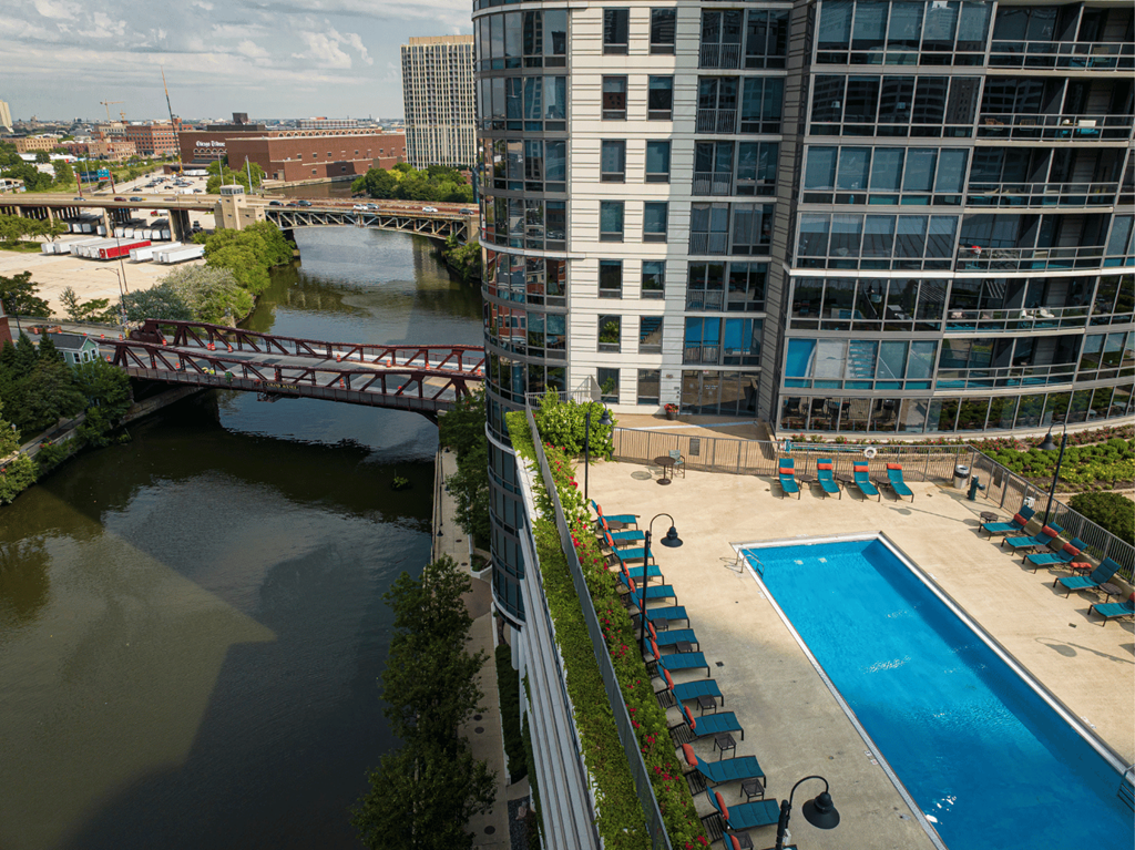 A view of the Chicago River and pool  at Kingsbury Plaza, Chicago, IL, 60654