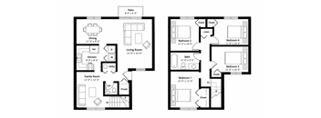 A floor plan of a two bedroom apartment with a living room and a family room.