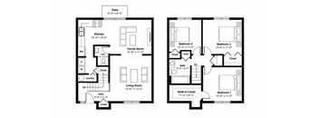A floor plan of a two bedroom apartment with a living room and kitchen.