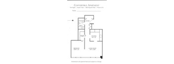 A floor plan for a convertible apartment with a living room, kitchen, bath, and bedroom.